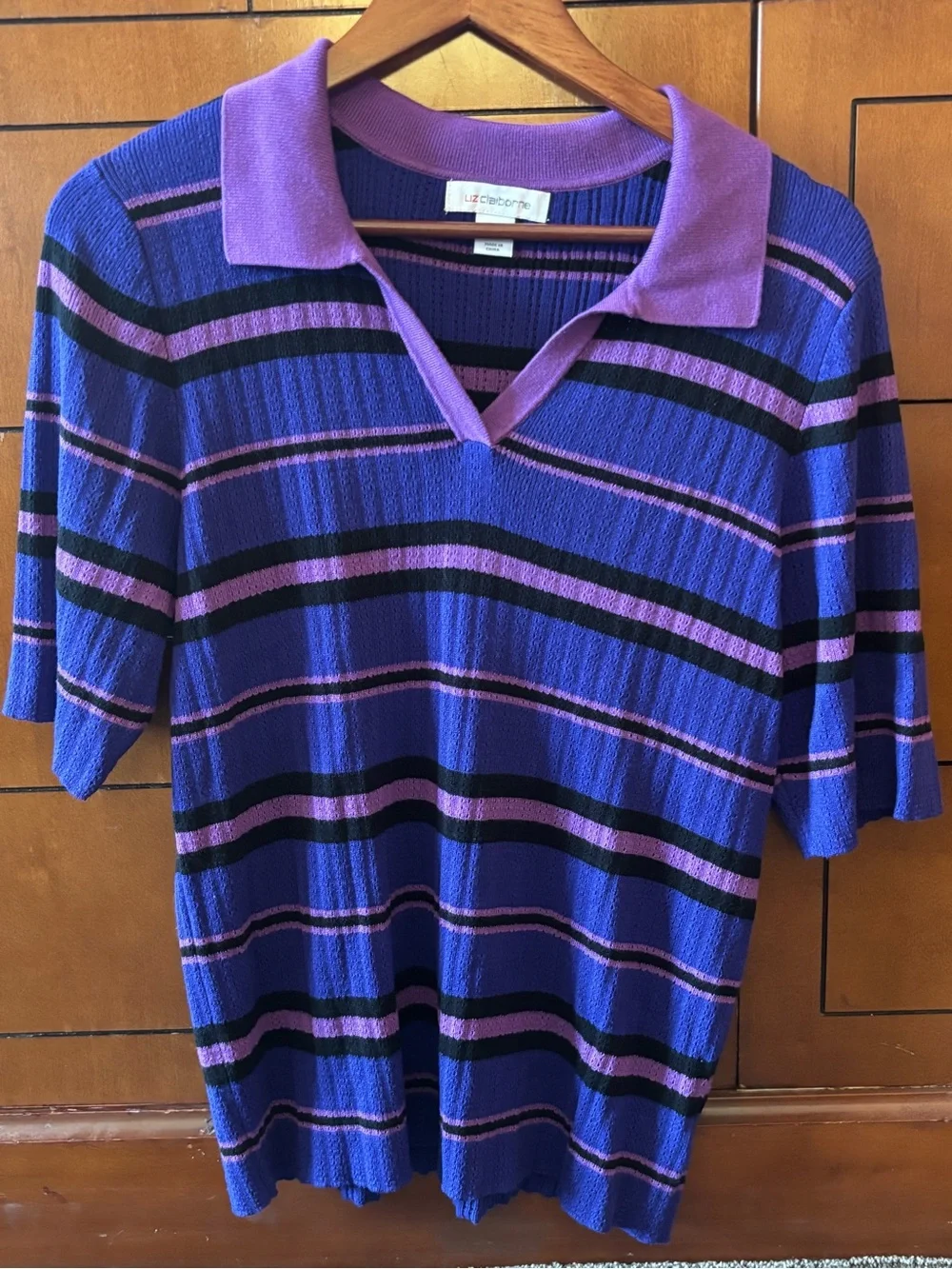 Liz Claiborne Purple Striped Short-Sleeve Polo Top - Picture 1 of 4